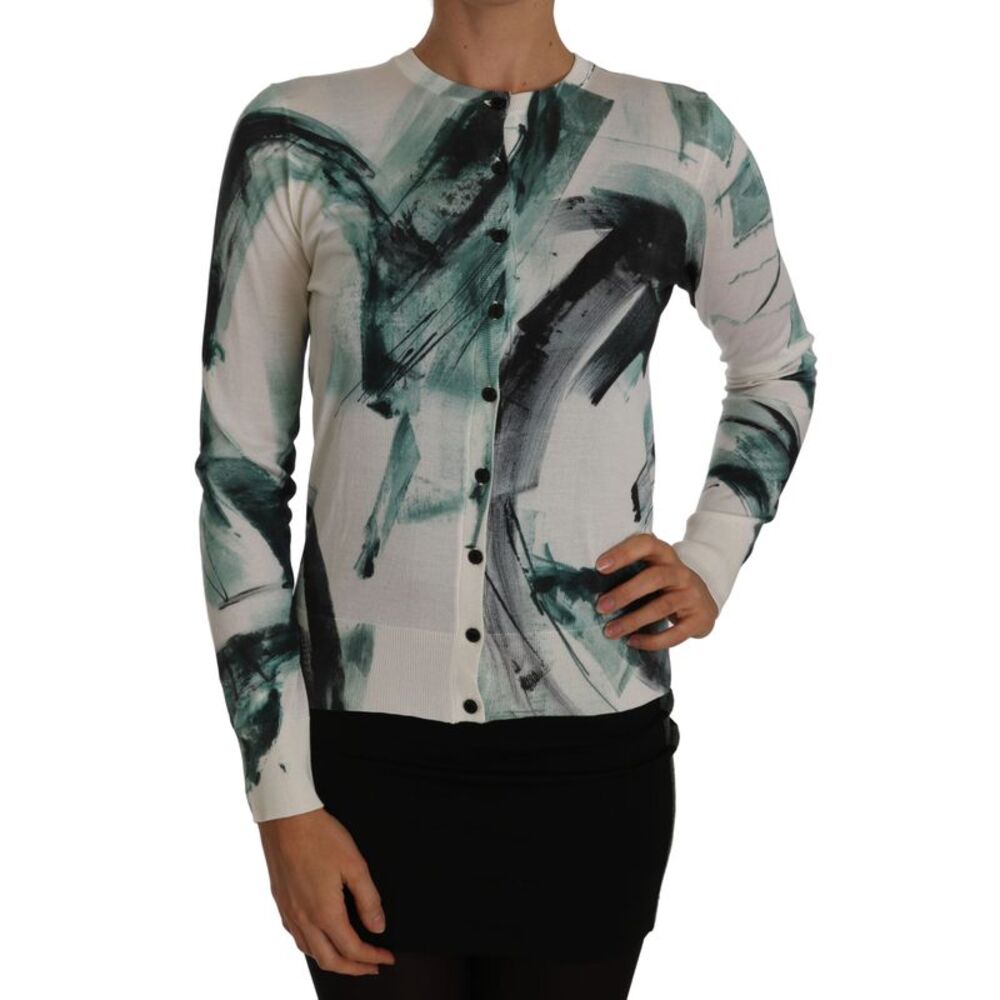 Dolce & Gabbana White Silk Cardigan Lightweight Paint Stroke Women's Sweater